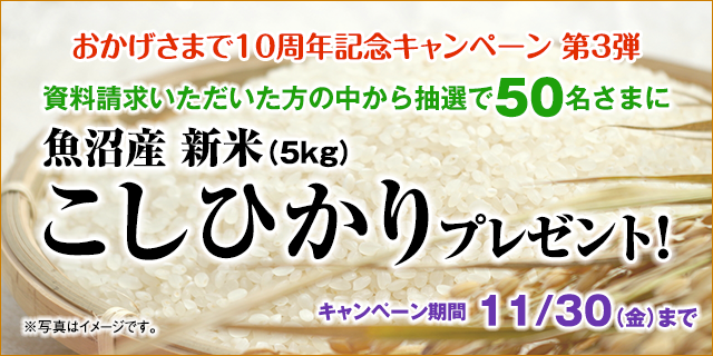 おかげさまで10周年記念キャンペーン 第3弾 あんしん少短の保険商品を資料請求いただいた方の中から抽選で50名さまに、新米魚沼産こしひかり5kgプレゼント!