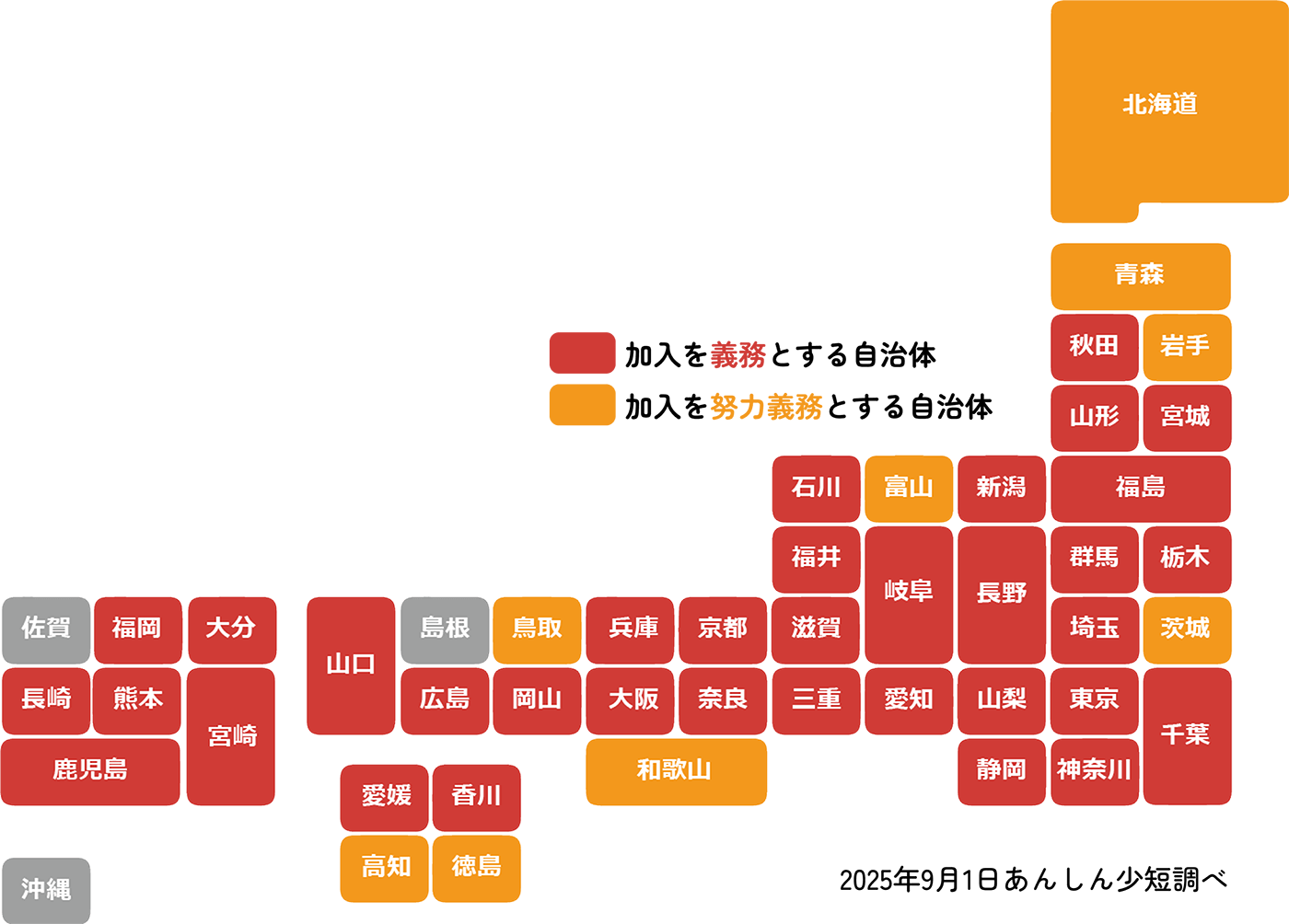 都道府県別自転車保険加入義務マップ