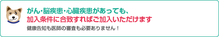 がん・脳疾患・心臓疾患があっても、加入条件に合致すればご加入いただけます。健康告知も医師の審査も必要ありません！