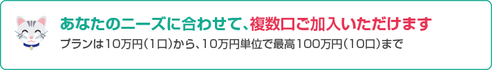 あなたのニーズに合わせて、複数口ご加入いただけます。プランは10万円（1口）から、10万円単位で最高100万円（10口）まで