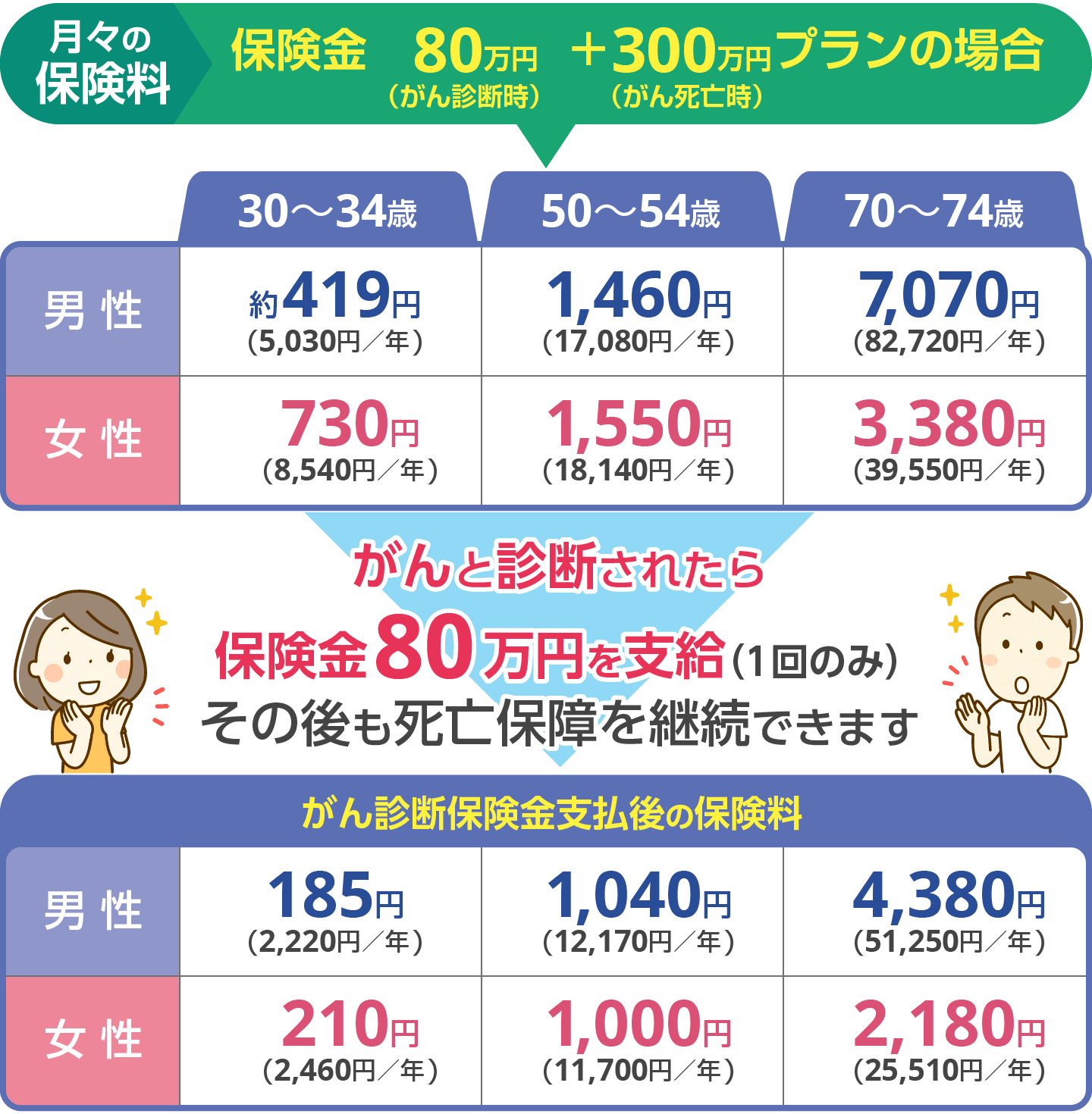 保険金（がん診断時）80万円＋（がん死亡時）300万円プランの場合の保険料